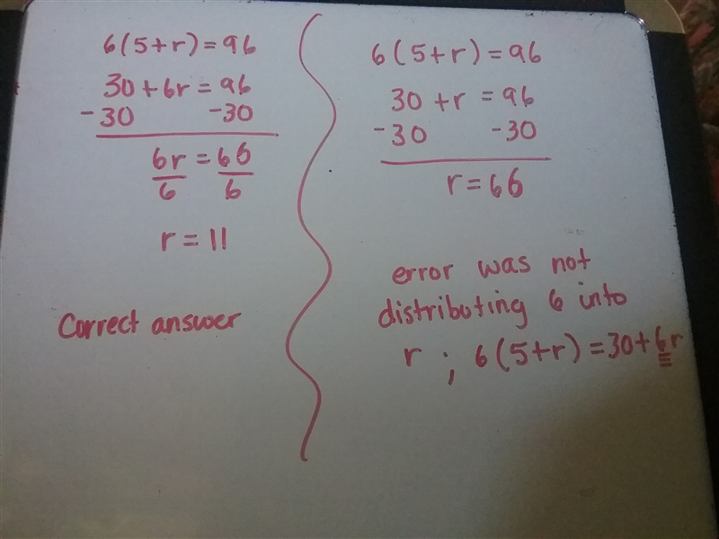 Hideki found the solution for the equation below to be r = 66. 6(5 + r) = 96 What-example-1