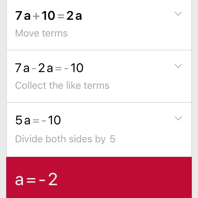 What is 7a + 10 = 2a-example-1