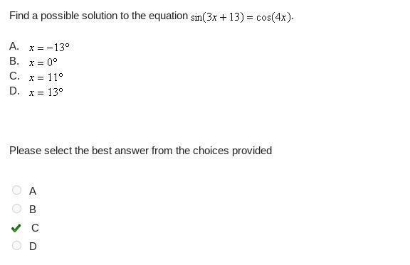 Find a possible solution to the equation sin(3x+13)=cos(4x)-example-1