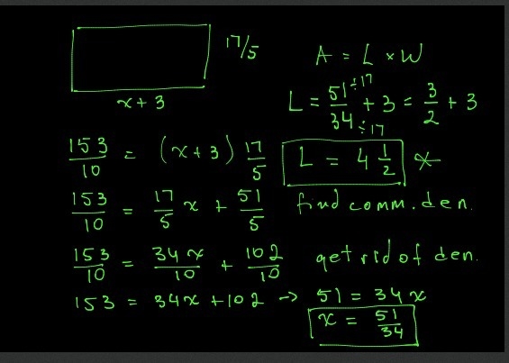 The length of a rectangle is (x+3) inches long, and the width is 3 2/5 inches. If-example-1