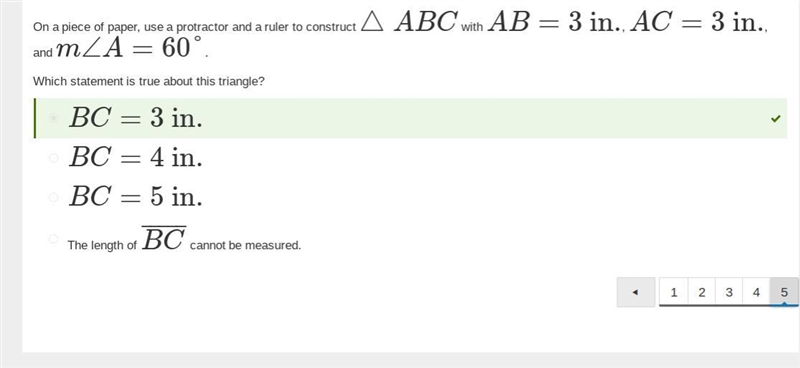 On a piece of paper, use a protractor and a ruler to construct △ABC with AB=3 in. , AC-example-1