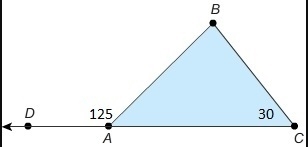 1. What is m∠CAD? 2. The measure of ∠DAB equals 125º. The measure of ∠ACB equals 30º. What-example-1