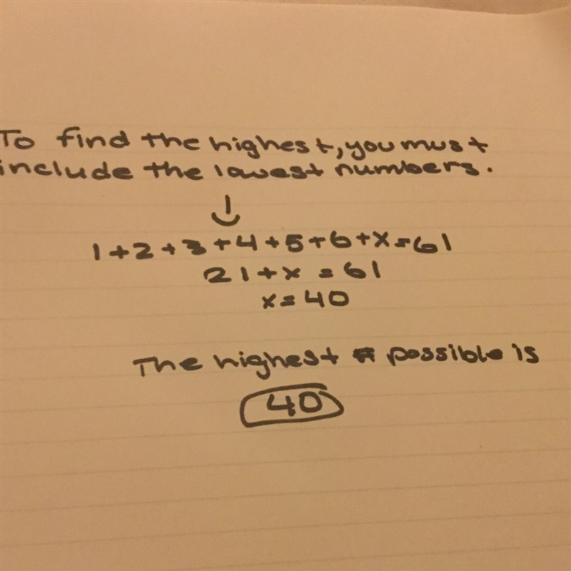 PLEASE HELP!! {The sum of 7 unequal positive integers is 61. What is the largest possible-example-1