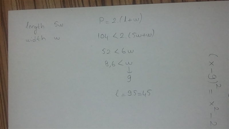 What is the length of a rectangle that's 5 times it's width and the perimeter of the-example-1