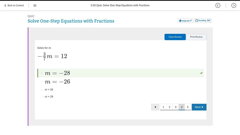 Solve for m. −3/7m=12 What is the answer? A −28 B −26 C 26 D 28-example-1