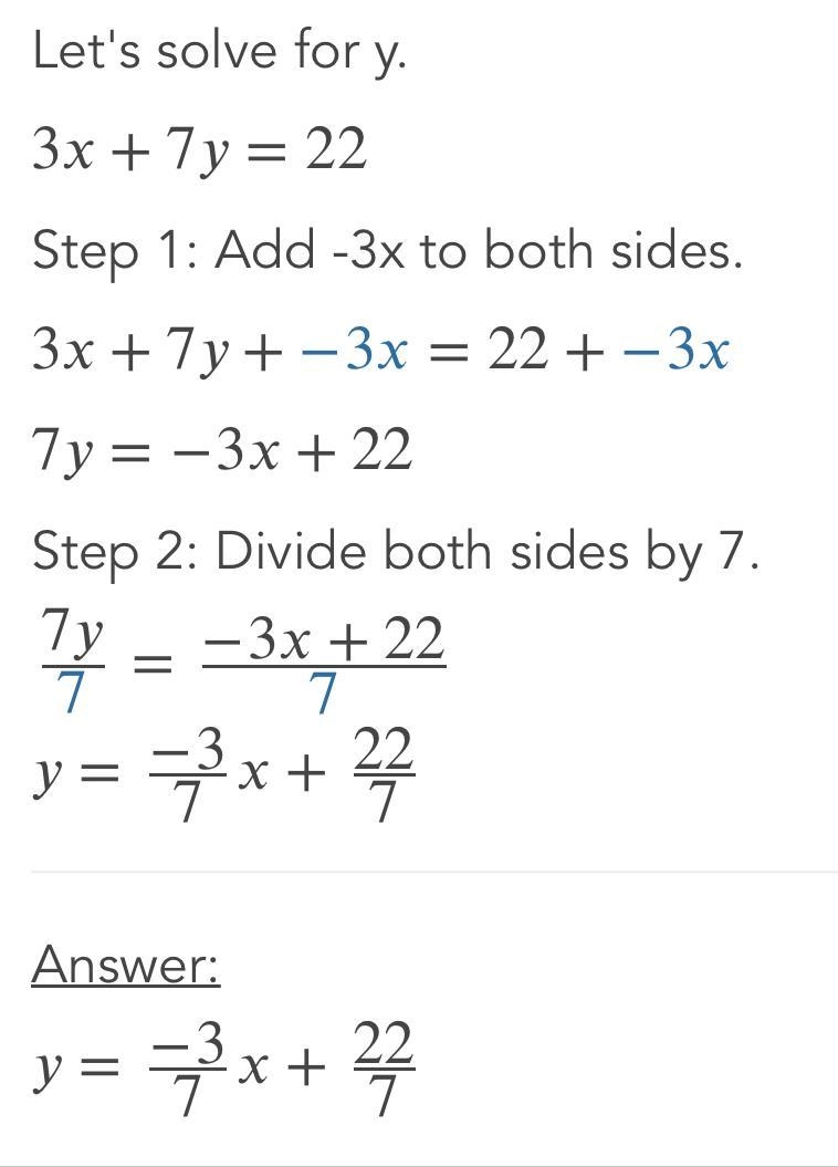 Solve the system of linear equations by substitution. x+4y=14 3x+7y=22-example-3