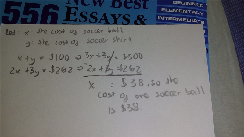 One soccer ball and one soccer shirt together cost $100. Two soccer balls and three-example-1