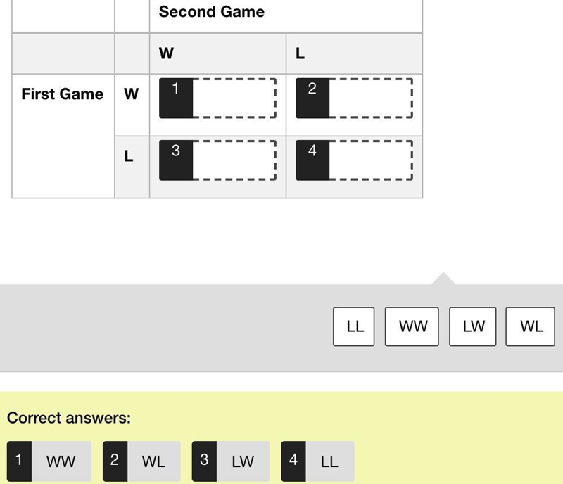 For high school hockey team, the possible results of a game are win (W) or lose (L-example-1