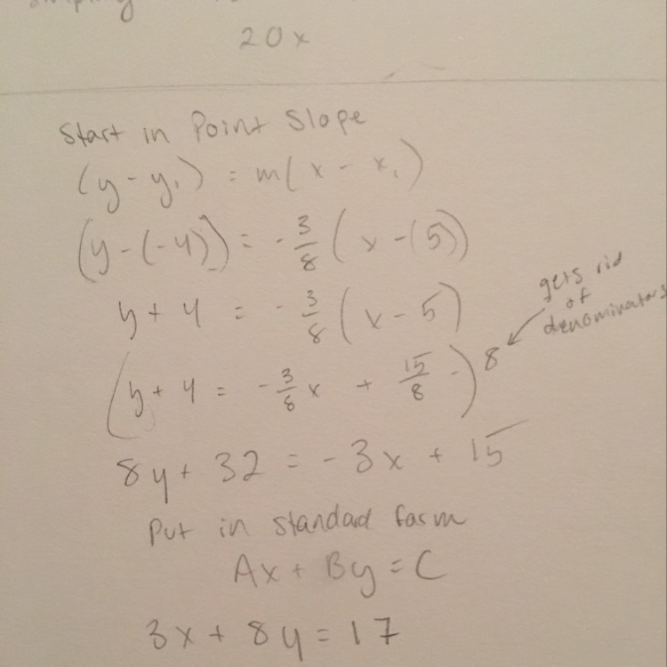 Write the standard form of the line that contains a slope of -3/8 and passes through-example-1