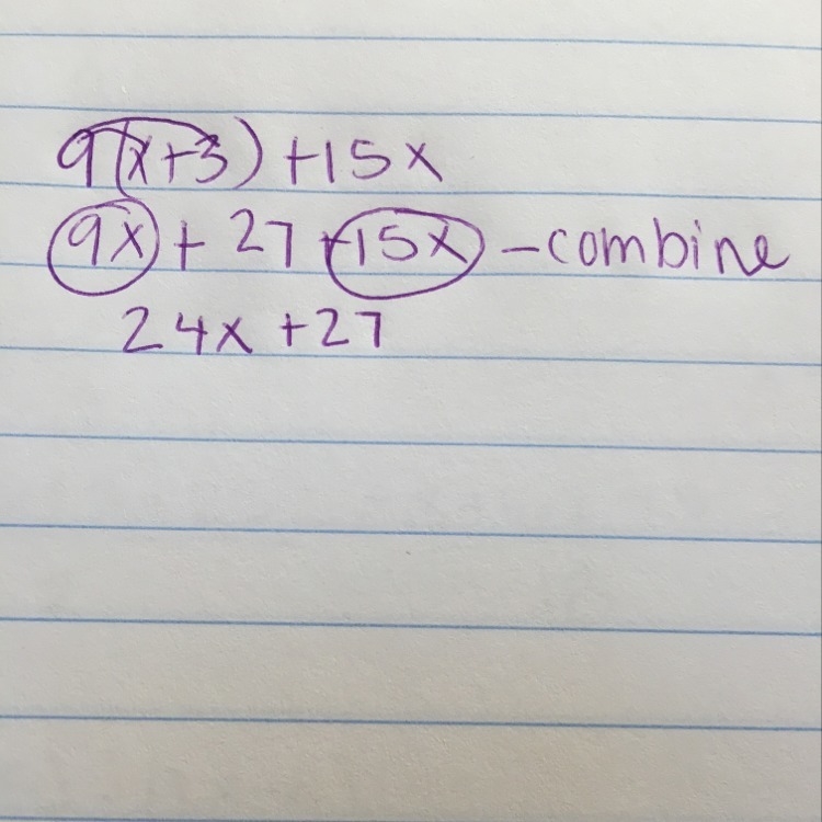 Simplify the following expression by using the distributive property and combining-example-1