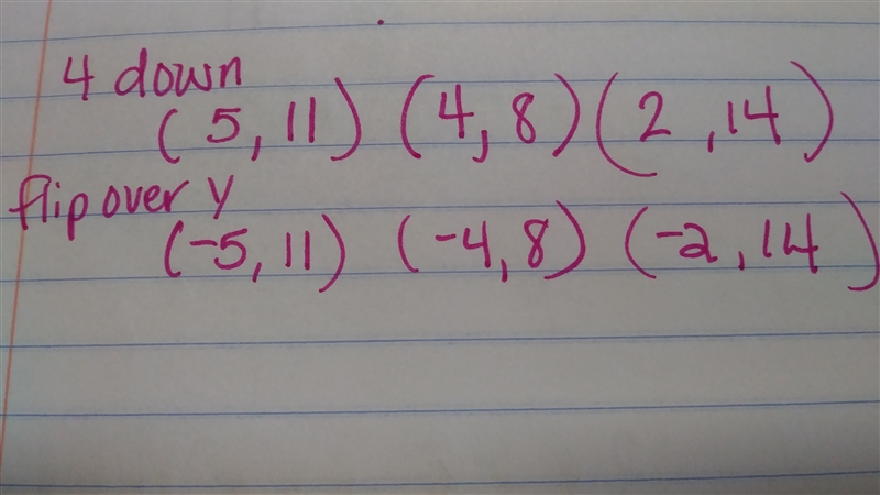 Translate 4 units down, and then reflect over the y-axis. (5, 15) (4, 12) (2, 18)-example-1