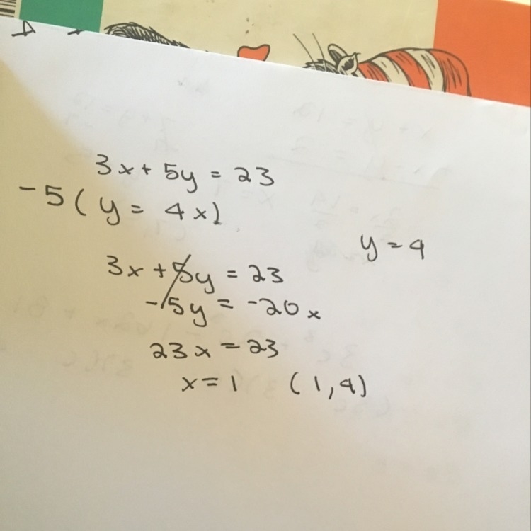 3x + 5y = 23 y = 4x What are x and y that make both equations true?-example-1