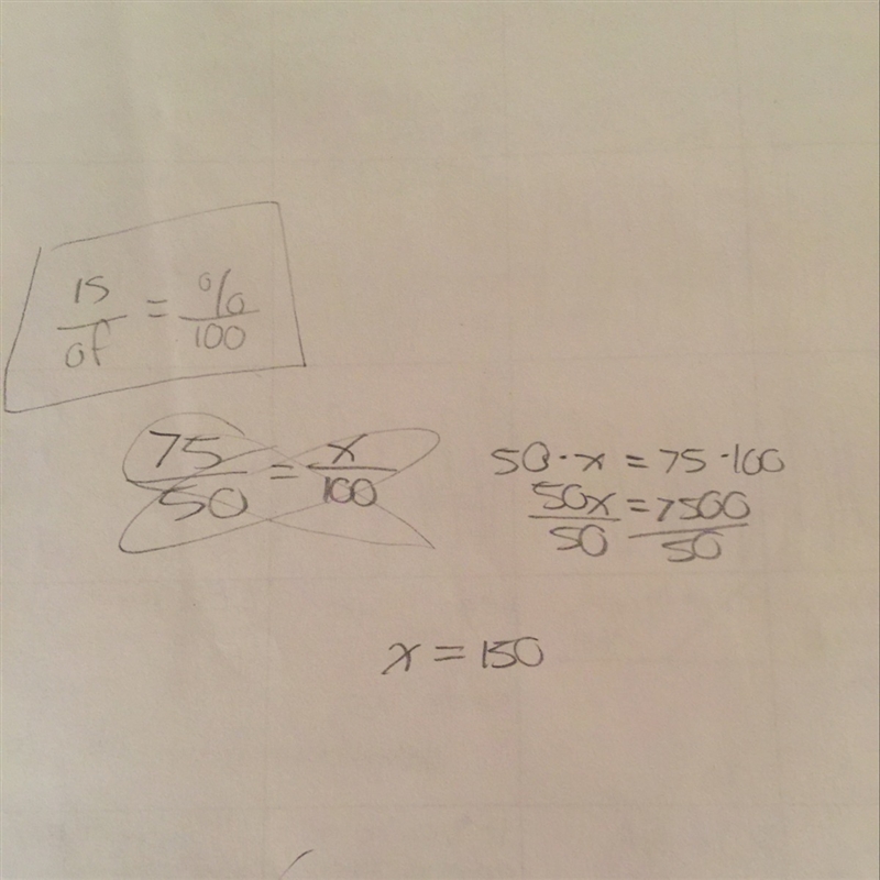 ___% of 50 = 75 Other way of writing it: What percent of 50 is 75?-example-1