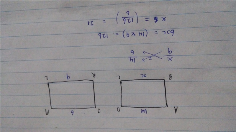 Given quadrilateral ABCD ~ quadrilateral JKLM and AD = 14, JM = 6, and KL = 9, what-example-1