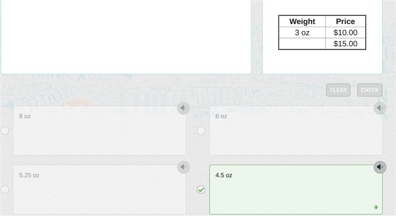 Complete the table to make a proportional relationship between weight and price. 8 oz-example-1