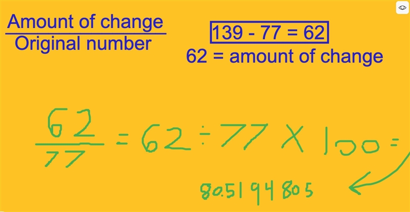 Find the percent increase. Round to the nearest percent. From 77 books to 139 books-example-1