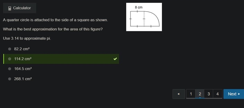 A quarter circle is attached to the side of a square as shown. What is the best approximation-example-1