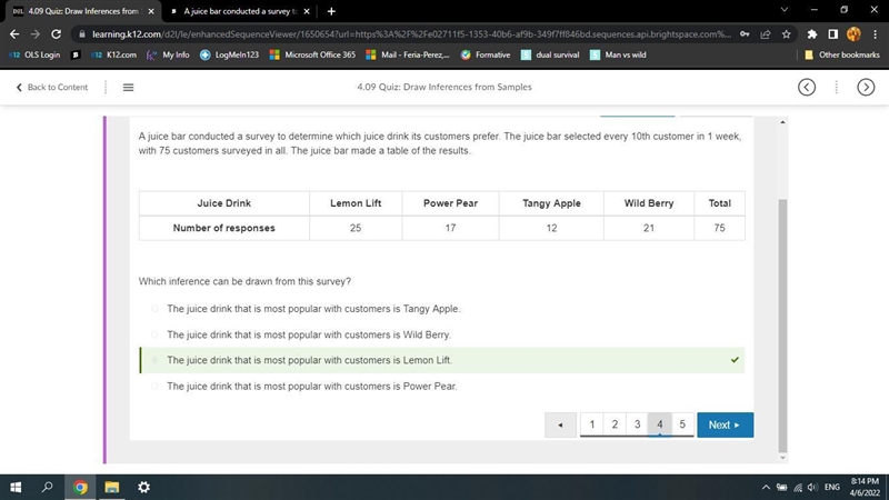 A juice bar conducted a survey to determine which juice drink its customers prefer-example-1