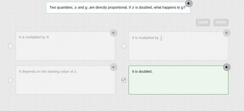 Two quantities, x and y, are directly proportional. If x is doubled, what happens-example-1