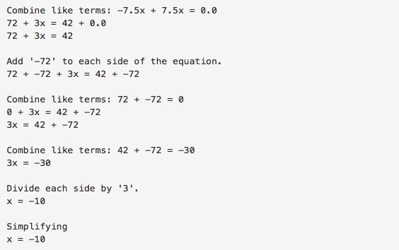 Solve for x. Show each step of the solution. 4(8 – x) + 36 = 102 – 2(3x + 24) Answer-example-2