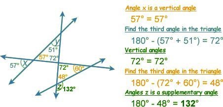 Given that the measure of ∠x is 57°, and the measure of ∠y is 51°, find the measure-example-1