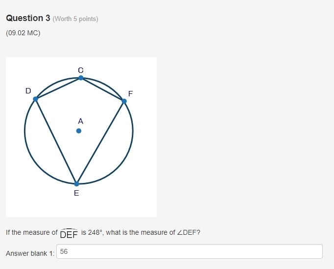 Kite DCFE is inscribed in circle A If the measure of arc DEF is 248°, what is the-example-1