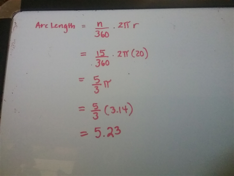 What is the length of the arc on a circle with radius 20 in. intercepted by a 15° angle-example-1