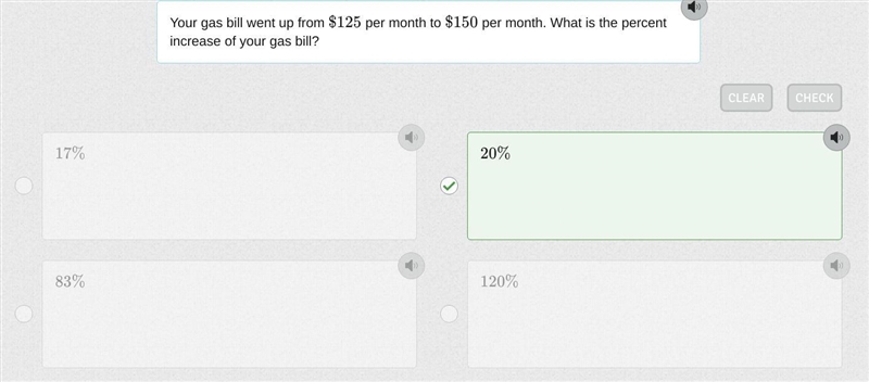 Your gas bill went up from $125$125 per month to $150$150 per month. What is the percent-example-1