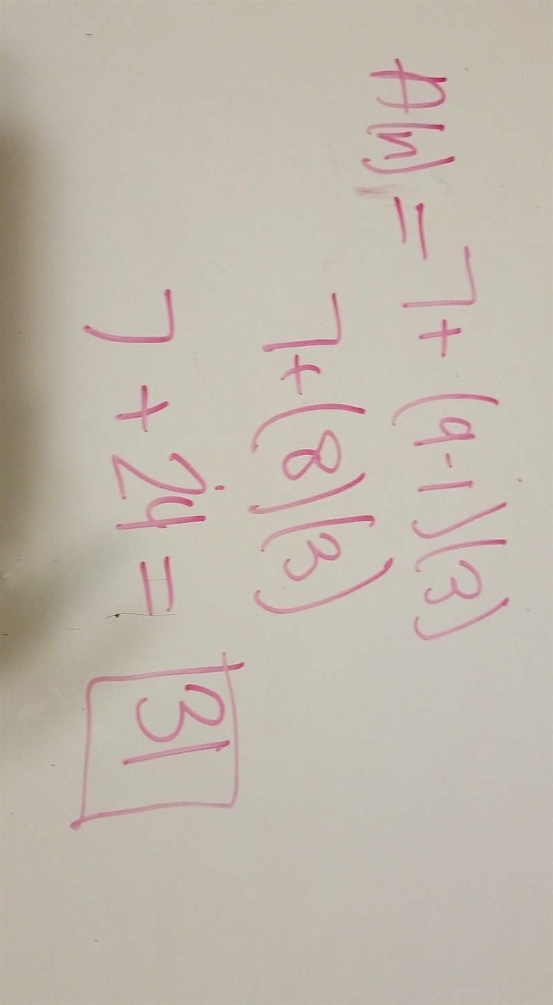 Find the 9th term of the sequence described by: A(n)=7+(n-1)(3)-example-1