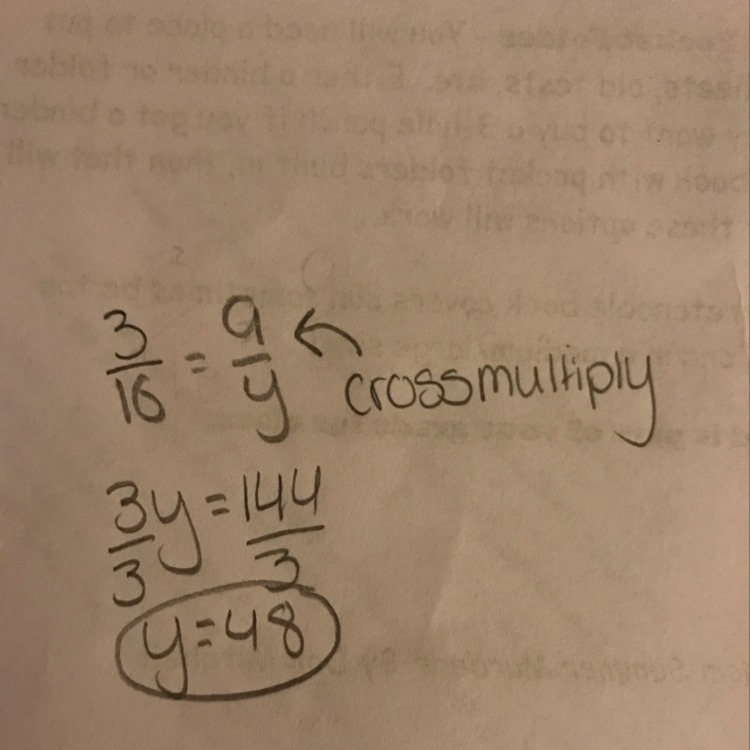 Solve the proportion 3/16 = 9/y-example-1