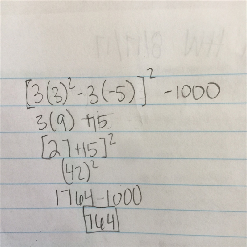 Evaluate for C=3 and d=-5 (3c^2-3d)^2-1000-example-1