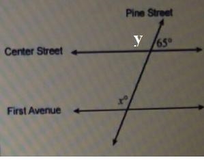 Pine Street intersects Center Street at a 65 degree angle. If center Street is parallel-example-1