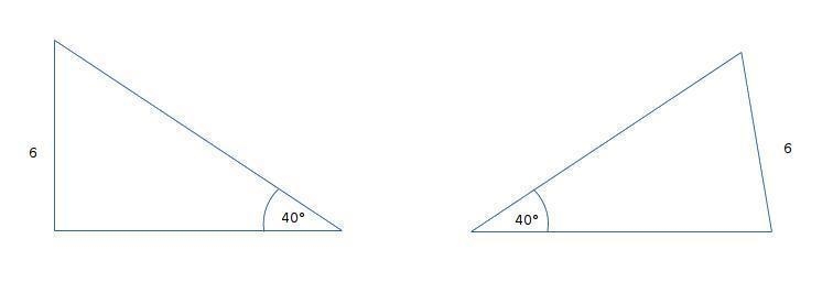 Two noncongruent triangles, each with side 6 cm and an angle measuring 40 degrees-example-1