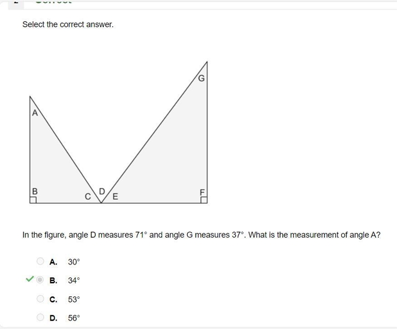 In the figure, angle D measures 71° and angle G measures 37°. What is the measurement-example-1