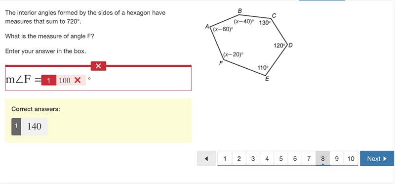 The interior angles formed by the sides of a hexagon have measures that sum to 720°. What-example-1