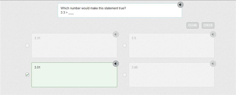 Which number would make this statement true 3.3> A. 3.31 B. 3.5 C. 3.01 D. 3.95-example-1