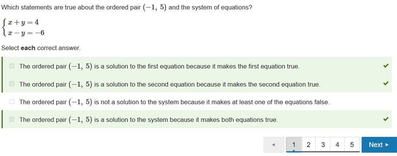 Which statements are true about the ordered pair (−1, 5) and the system of equations-example-1