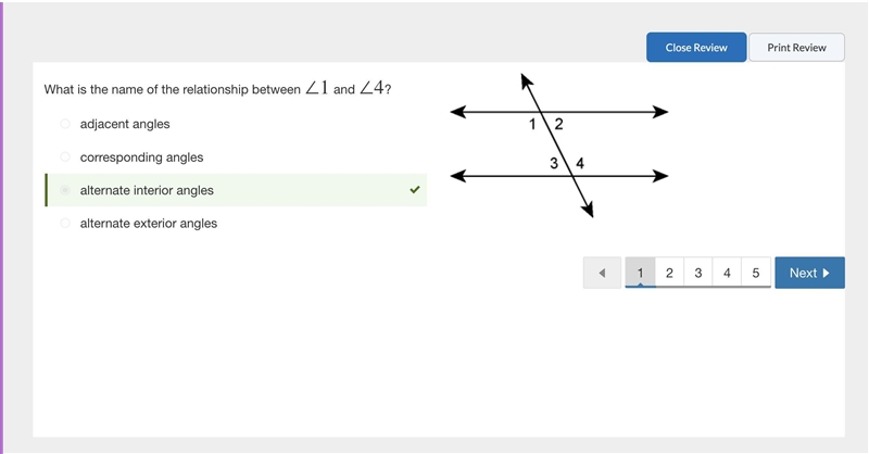 What is the name of the relationship between ∠1 and ∠4 ? alternate exterior angles-example-1