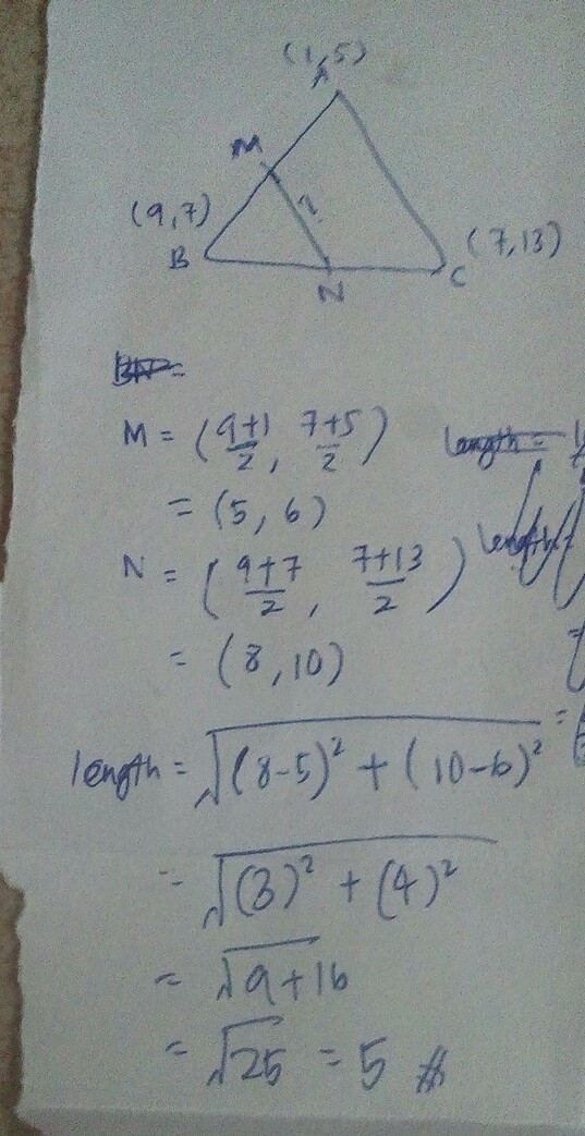 ABC has vertices A(1,5), B(9,7),and C (7.13). M is the midpoint of AB. And N is the-example-1