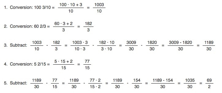 100 3/10 - 60 2/3 - 5 2/15 = what? Need to show work. Been stuck on this one far too-example-1