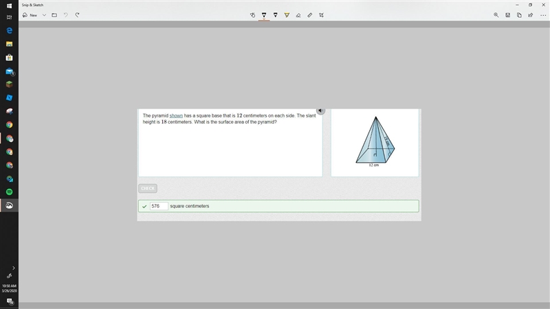 The pyramid shown has a square base that is 12 centimeters on each side. The slant-example-1