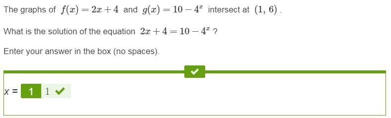 The graphs of ​ f(x)=2x+4 ​ and ​ g(x)=10−4x ​ intersect at (1, 6) . What is the solution-example-1