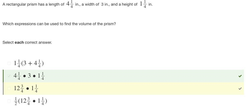 A rectangular prism has a length of 4 1/4 in., a width of 3 in., and a height of 1 1/4 in-example-1