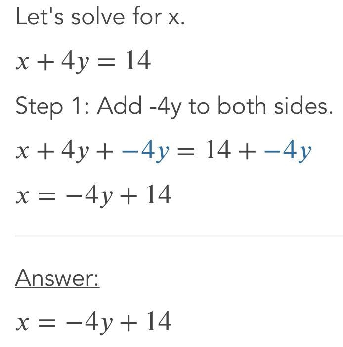 Solve the system of linear equations by substitution. x+4y=14 3x+7y=22-example-1