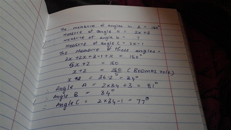 In triangle ABC the measure of angle A is 2x+3,the measure of angle C is 2x - 1. What-example-1