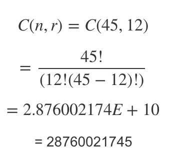 How many different 12-member juries can be chosen from a pool of 45 people-example-1