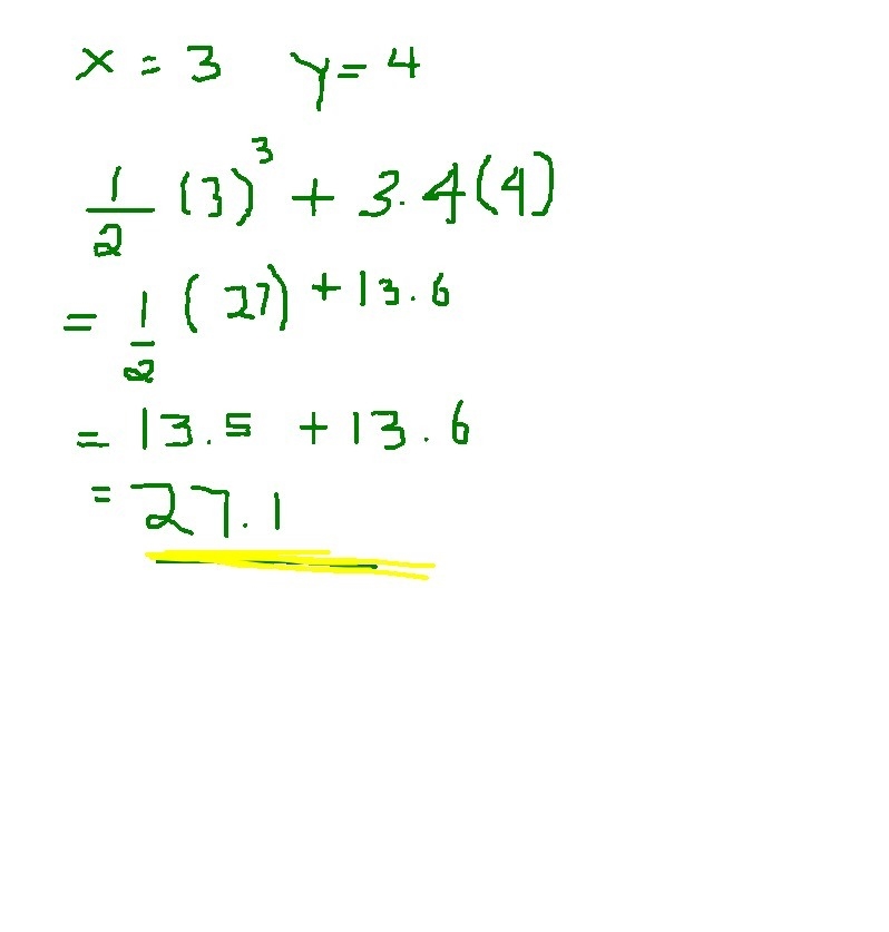 What is the value of 1/2 x3 + 3.4y when x = 3 and y = 4? A 15.85 B 18.1 C 27.1 D 31.6-example-1