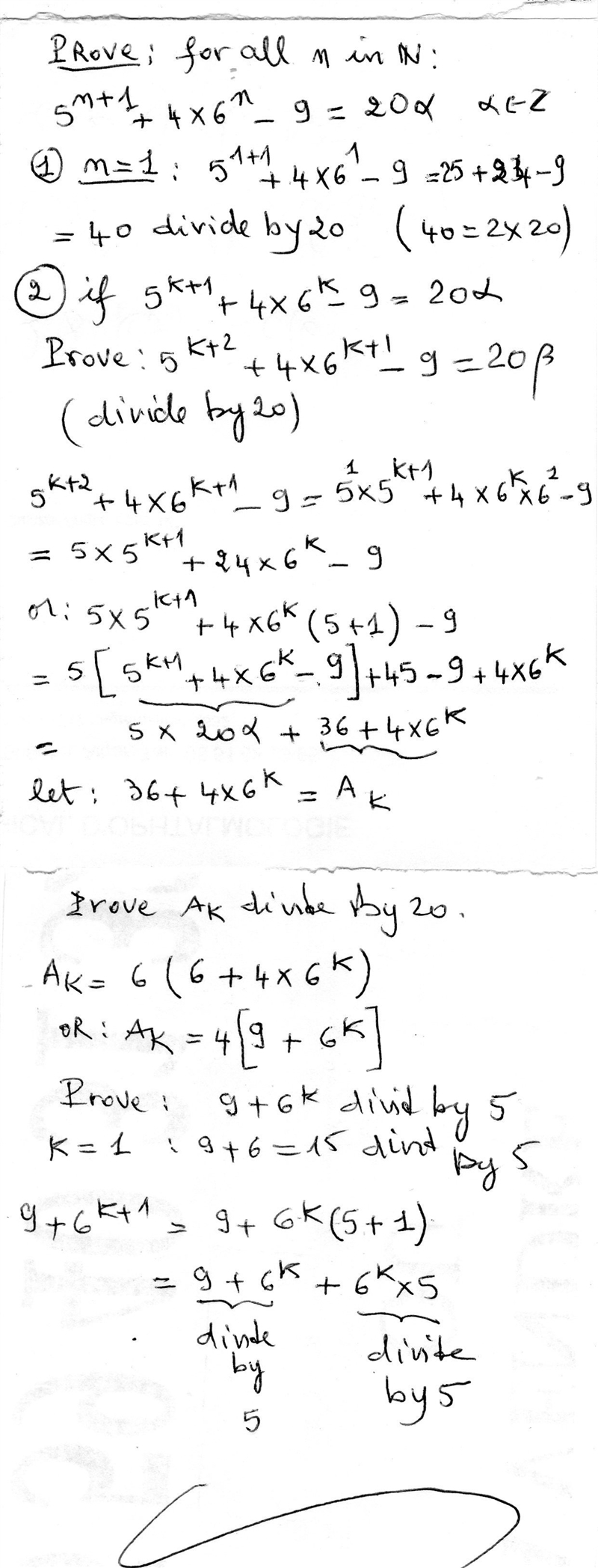 5^n+1+4.6^n whwn divide by 20 leaves remainder 9 prove by mathematical induction-example-1