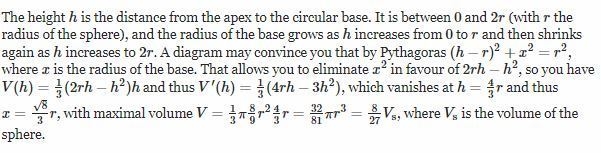 Find the volume of the largest right circular cone that can be inscribed in a sphere-example-1