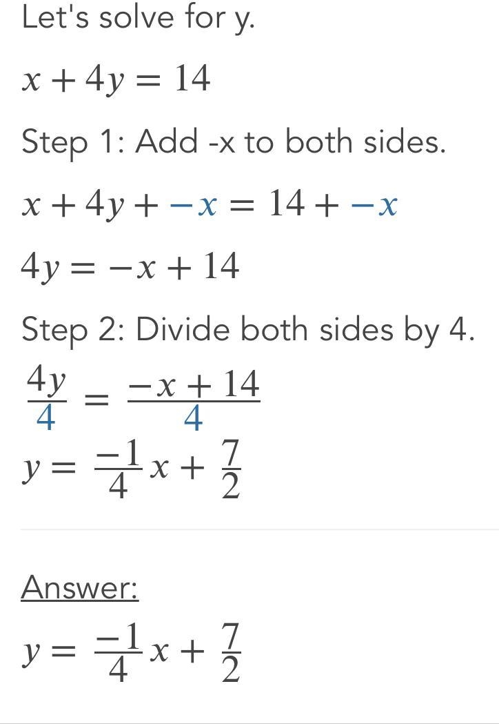 Solve the system of linear equations by substitution. x+4y=14 3x+7y=22-example-2